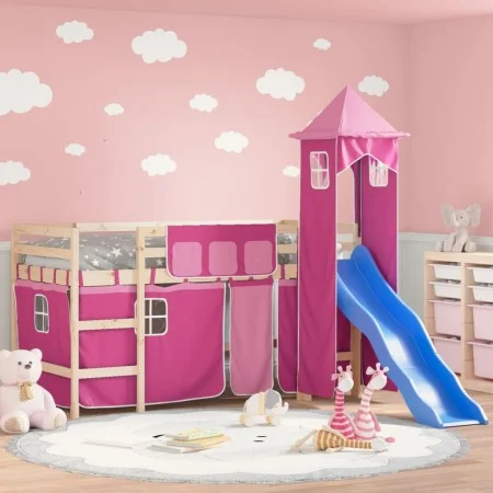 High bed for children with pink pine wood tower 80x200 cm by , Beds and slatted bases - Ref: Foro24-3207065, Price: 291,99 €,...