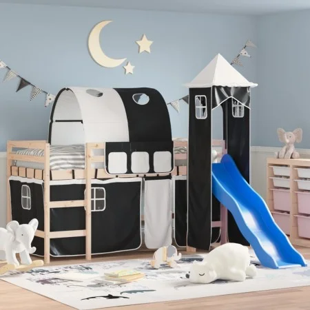 Kinder-Hochbett mit schwarz-weißem Kiefernholzturm 80x200 cm von , Betten und Lattenroste - Ref: Foro24-3207090, Preis: 306,7...