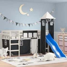 Kinder-Hochbett mit schwarz-weißem Kiefernholzturm 90x190 cm von , Betten und Lattenroste - Ref: Foro24-3207084, Preis: 339,8...