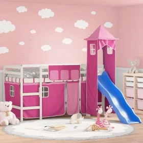 High bed for children with pink pine wood tower 90x190 cm by , Beds and slatted bases - Ref: Foro24-3207086, Price: 334,96 €,...