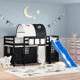 Kinderhochbett mit schwarz-weißem Kiefernholztunnel 80x200 cm von , Betten und Lattenroste - Ref: Foro24-3207042, Preis: 287,...