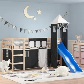 Cama alta niños con torre madera pino blanco negro 80x200 cm de , Camas y somieres - Ref: Foro24-3207063, Precio: 295,91 €, D...