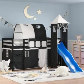 Cama alta niños con torre madera pino blanco negro 80x200 cm de , Camas y somieres - Ref: Foro24-3207096, Precio: 299,22 €, D...