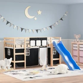 Cama alta niños con cortinas madera pino blanco negro 80x200 cm de , Camas y somieres - Ref: Foro24-3207009, Precio: 267,05 €...