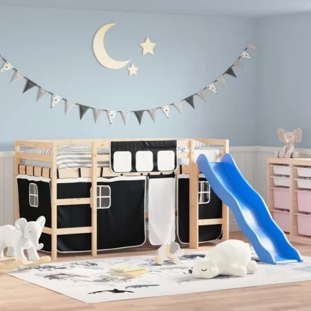 Cama alta niños con cortinas madera pino blanco negro 80x200 cm de , Camas y somieres - Ref: Foro24-3207009, Precio: 267,05 €...