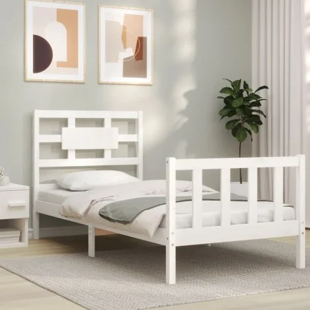 White solid wood bed frame with headboard by , Beds and slatted bases - Ref: Foro24-3192522, Price: 102,34 €, Discount: %