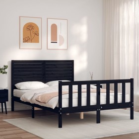 Double bed frame with black solid wood headboard by , Beds and slatted bases - Ref: Foro24-3193185, Price: 198,67 €, Discount: %