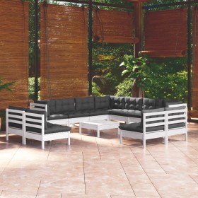 Muebles de jardín 12 pzas con cojines blanco madera maciza pino