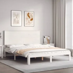 Double bed frame with white solid wood headboard by , Beds and slatted bases - Ref: Foro24-3193667, Price: 171,44 €, Discount: %