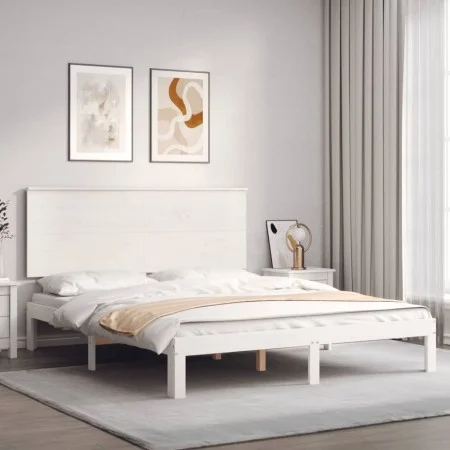 Double bed frame with white solid wood headboard by , Beds and slatted bases - Ref: Foro24-3193667, Price: 171,44 €, Discount: %