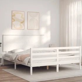 Double bed frame with white solid wood headboard by , Beds and slatted bases - Ref: Foro24-3195227, Price: 157,55 €, Discount: %