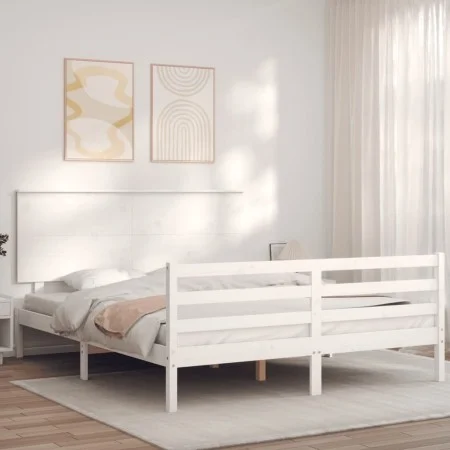 Double bed frame with white solid wood headboard by , Beds and slatted bases - Ref: Foro24-3195227, Price: 157,55 €, Discount: %
