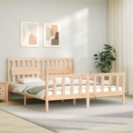 Double bed frame with solid wood headboard by , Beds and slatted bases - Ref: Foro24-3192441, Price: 163,73 €, Discount: %