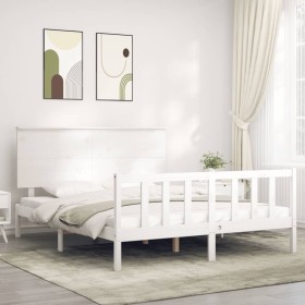 Double bed frame with white solid wood headboard by , Beds and slatted bases - Ref: Foro24-3193407, Price: 159,51 €, Discount: %