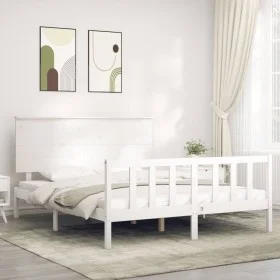 Double bed frame with white solid wood headboard by , Beds and slatted bases - Ref: Foro24-3193407, Price: 157,47 €, Discount: %