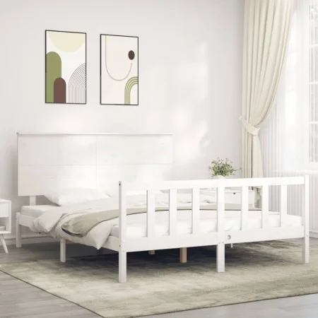 Double bed frame with white solid wood headboard by , Beds and slatted bases - Ref: Foro24-3193407, Price: 157,47 €, Discount: %