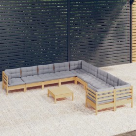 Garden furniture 11 pieces and gray pine wood cushions by , Garden sets - Ref: Foro24-3097012, Price: 837,33 €, Discount: %