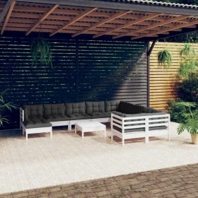 Garden furniture 11 pieces with white cushions pine wood by , Garden sets - Ref: Foro24-3097038, Price: 943,42 €, Discount: %