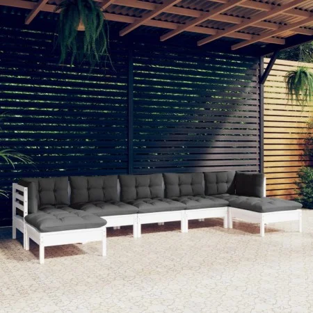 7-piece garden furniture set with white cushions made of pine wood by , Garden sets - Ref: Foro24-3097092, Price: 568,13 €, D...