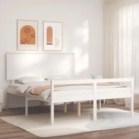Cama matrimonio personas mayores cabecero madera maciza blanco de , Camas y somieres - Ref: Foro24-3195487, Precio: 194,75 €,...