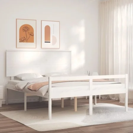 Double bed for seniors with white solid wood headboard by , Beds and slatted bases - Ref: Foro24-3195487, Price: 194,75 €, Di...