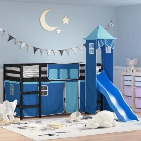 Cama alta para niños con torre madera pino azul 90x200 cm de , Camas y somieres - Ref: Foro24-3207079, Precio: 303,08 €, Desc...