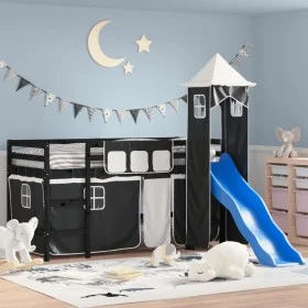 Cama alta niños con torre madera pino blanco negro 90x190 cm de , Camas y somieres - Ref: Foro24-3207087, Precio: 303,86 €, D...
