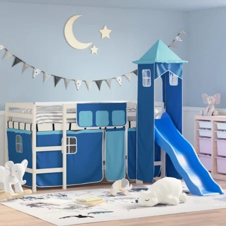 Hochbett für Kinder mit blauem Kiefernholzturm 90x190 cm von , Betten und Lattenroste - Ref: Foro24-3207085, Preis: 334,65 €,...