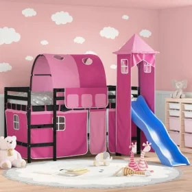 High bed for children with pink pine wood tower 90x190 cm by , Beds and slatted bases - Ref: Foro24-3207116, Price: 303,42 €,...