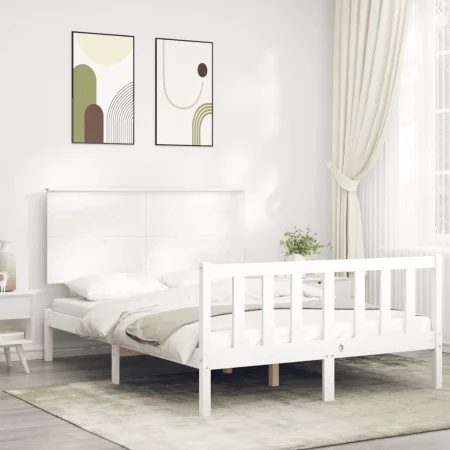 Double bed frame with white solid wood headboard by , Beds and slatted bases - Ref: Foro24-3193377, Price: 162,91 €, Discount: %