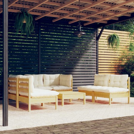 Gartenmöbel 7-teilig und Kissen aus massivem cremefarbenem Kiefernholz von , Gartensets - Ref: Foro24-3096214, Preis: 536,33 ...
