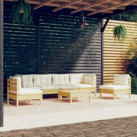 Gartenmöbel 7-teilig und Kissen aus massivem cremefarbenem Kiefernholz von , Gartensets - Ref: Foro24-3096202, Preis: 496,31 ...