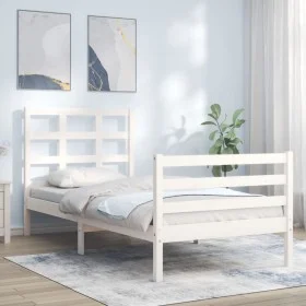 White solid wood bed frame with headboard by , Beds and slatted bases - Ref: Foro24-3193952, Price: 98,02 €, Discount: %
