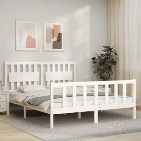Double bed frame with white solid wood headboard by , Beds and slatted bases - Ref: Foro24-3192432, Price: 158,35 €, Discount: %