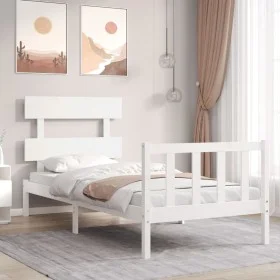 White solid wood bed frame with headboard by , Beds and slatted bases - Ref: Foro24-3193237, Price: 95,74 €, Discount: %