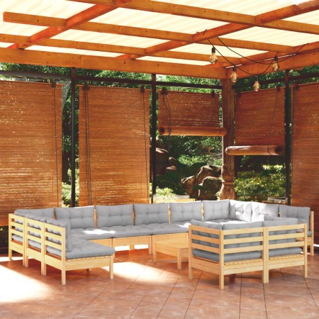 Garden furniture set 13 pieces and gray pine wood cushions by , Garden sets - Ref: Foro24-3097276, Price: 965,82 €, Discount: %
