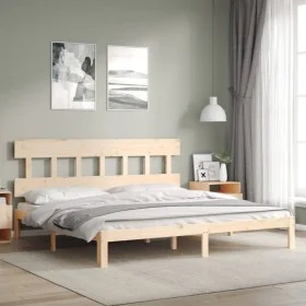 Double bed frame with solid wood headboard by , Beds and slatted bases - Ref: Foro24-3193611, Price: 143,03 €, Discount: %