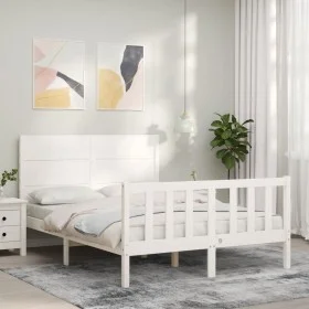 Double bed frame with white solid wood headboard by , Beds and slatted bases - Ref: Foro24-3192727, Price: 198,32 €, Discount: %