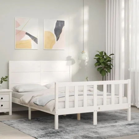 Double bed frame with white solid wood headboard by , Beds and slatted bases - Ref: Foro24-3192727, Price: 198,32 €, Discount: %