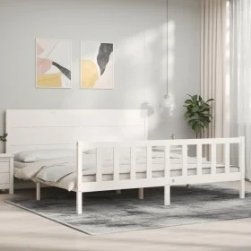 Double bed frame with white solid wood headboard by , Beds and slatted bases - Ref: Foro24-3192767, Price: 222,17 €, Discount: %