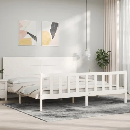Estructura cama de matrimonio con cabecero madera maciza blanco de , Camas y somieres - Ref: Foro24-3192767, Precio: 222,13 €...