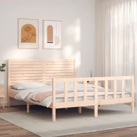 Double bed frame with solid wood headboard by , Beds and slatted bases - Ref: Foro24-3193211, Price: 186,61 €, Discount: %