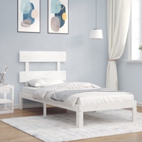 Estructura de cama individual con cabecero madera maciza blanco