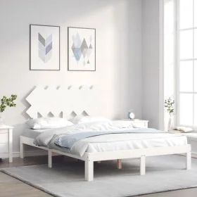 Double bed frame with white solid wood headboard by , Beds and slatted bases - Ref: Foro24-3193702, Price: 136,25 €, Discount: %