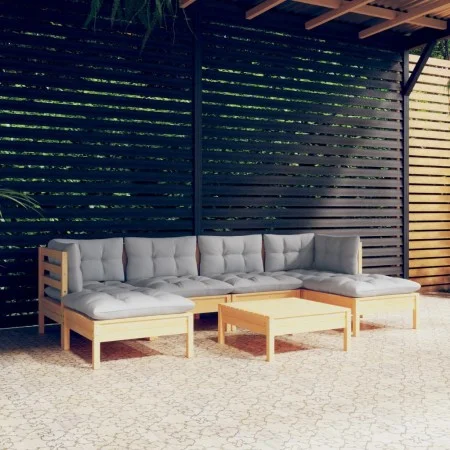7-piece garden furniture set with gray pine wood cushions by , Garden sets - Ref: Foro24-3097084, Price: 479,57 €, Discount: %