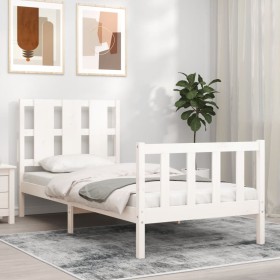 Estructura de cama individual con cabecero madera maciza blanco