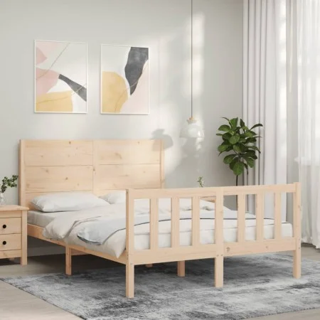 Double bed frame with solid wood headboard by , Beds and slatted bases - Ref: Foro24-3192726, Price: 178,63 €, Discount: %