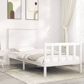 Estructura de cama individual con cabecero madera maciza blanco