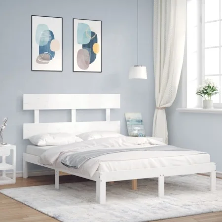 Double bed frame with white solid wood headboard by , Beds and slatted bases - Ref: Foro24-3193502, Price: 127,12 €, Discount: %