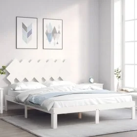White solid wood bed frame with headboard 140x200 cm by , Beds and slatted bases - Ref: Foro24-3193727, Price: 142,95 €, Disc...